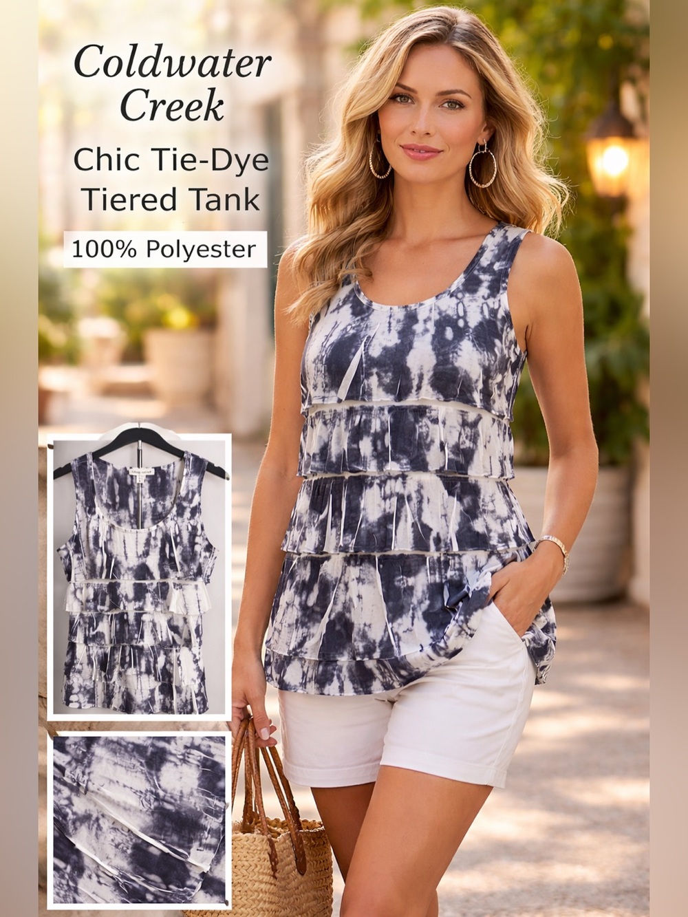 Coldwater Creek Navy and White Tie-Dye Tiered Tank